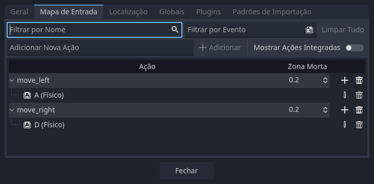 Configurações do mapa de entrada adicionando as ações 'move_left' e 'move_right'